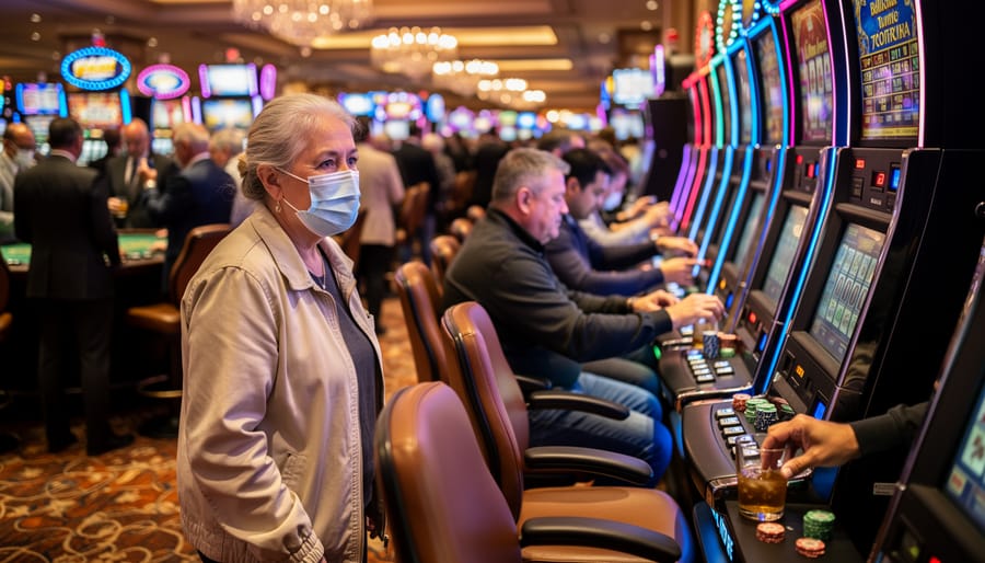 Crowded casino floor showing gaming machines and numerous people in close proximity