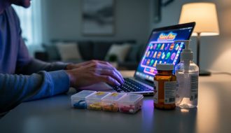 Adult at a home desk with a laptop emitting colorful casino-style glow, hand hovering over the touchpad, with pill organizer, prescription bottle, and hand sanitizer in the foreground; softly blurred living room behind.