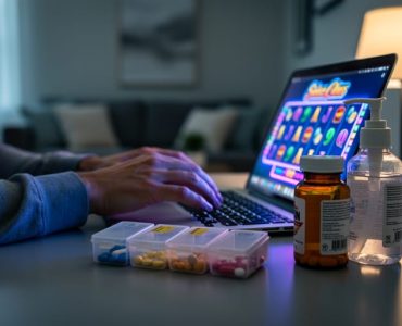 Adult at a home desk with a laptop emitting colorful casino-style glow, hand hovering over the touchpad, with pill organizer, prescription bottle, and hand sanitizer in the foreground; softly blurred living room behind.