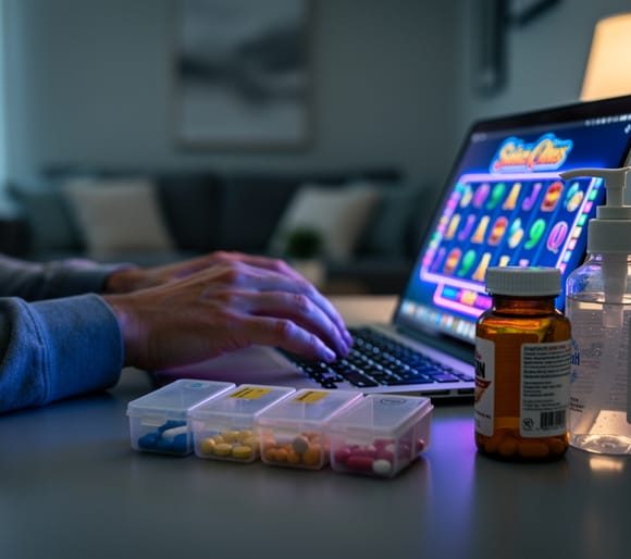 Adult at a home desk with a laptop emitting colorful casino-style glow, hand hovering over the touchpad, with pill organizer, prescription bottle, and hand sanitizer in the foreground; softly blurred living room behind.