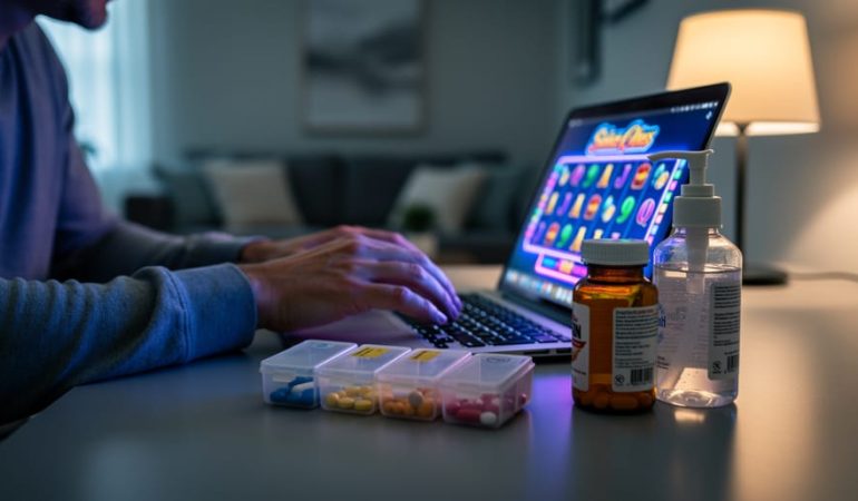 Adult at a home desk with a laptop emitting colorful casino-style glow, hand hovering over the touchpad, with pill organizer, prescription bottle, and hand sanitizer in the foreground; softly blurred living room behind.