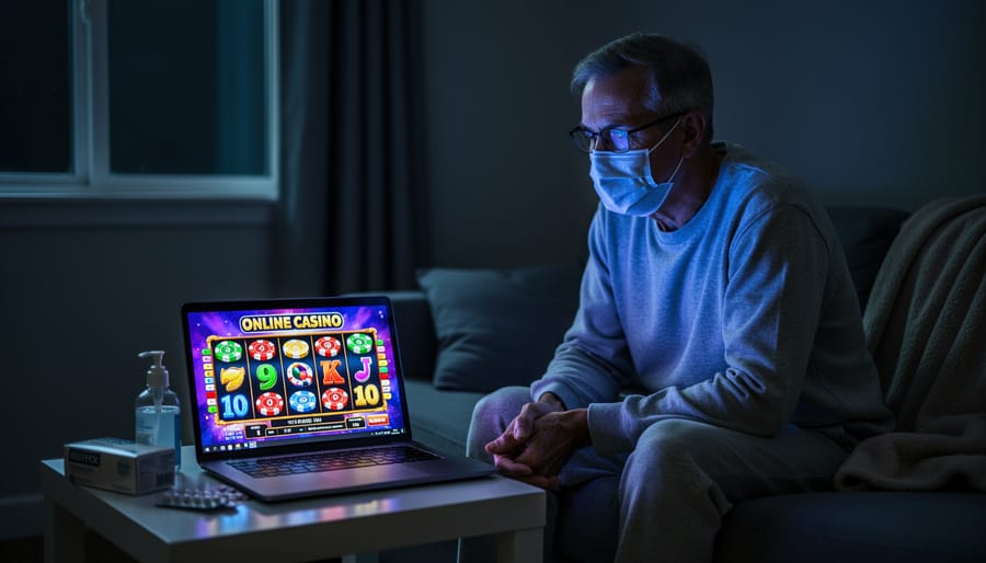 Person sitting alone at home using laptop computer in dimly lit room