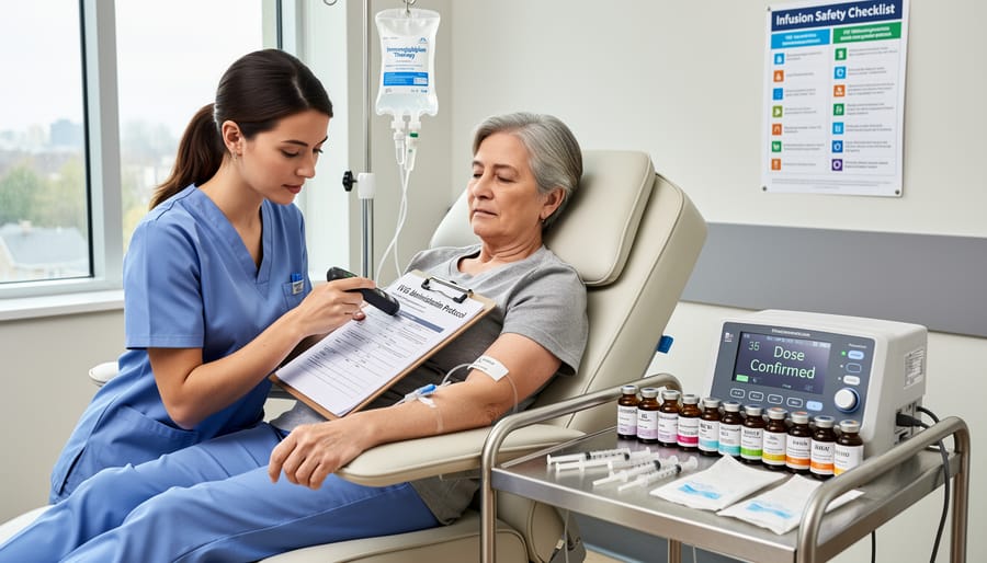 Medical professional preparing immunoglobulin therapy equipment in sterile clinical setting