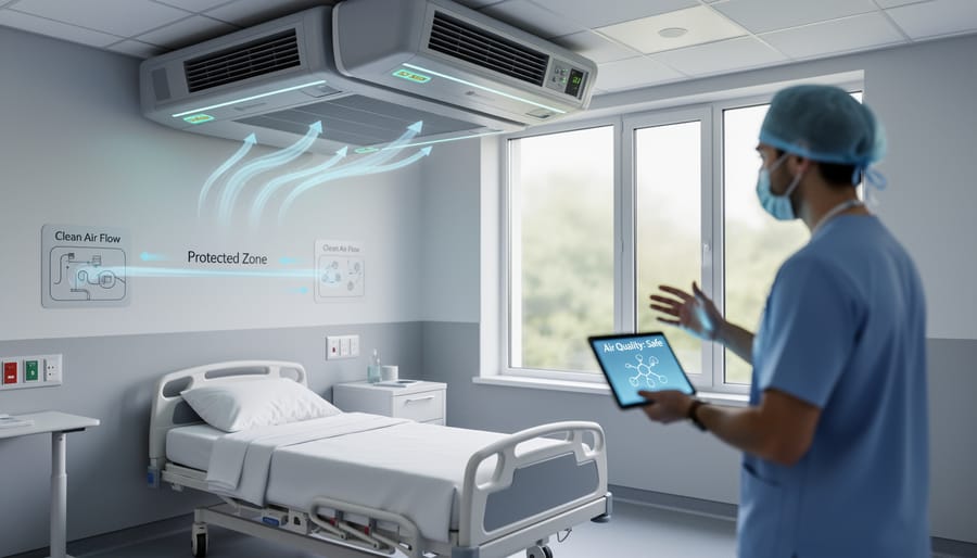 HEPA air filtration system in clinical healthcare facility ceiling