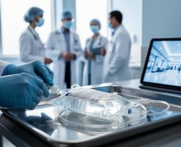 Gloved clinician setting up an IVIG bag and sterile tubing on a tray in a clinical infusion room, with a masked immunology team blurred in the background and an out-of-focus tablet displaying a glossy lobby photo.