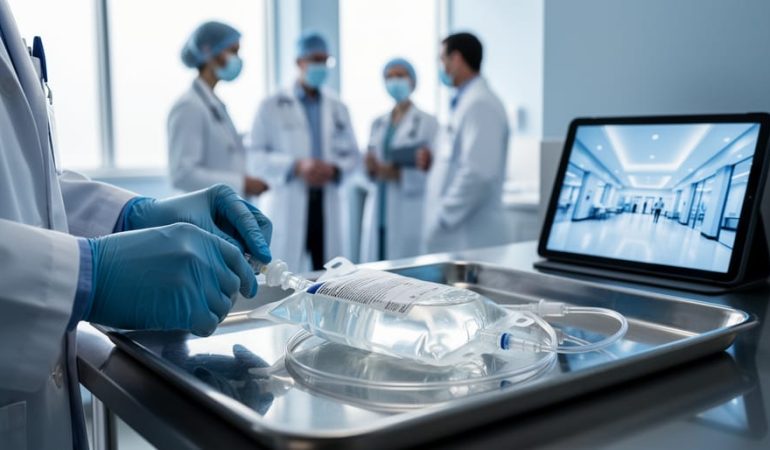 Gloved clinician setting up an IVIG bag and sterile tubing on a tray in a clinical infusion room, with a masked immunology team blurred in the background and an out-of-focus tablet displaying a glossy lobby photo.