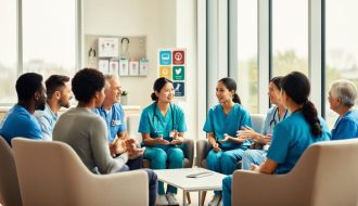 Diverse patients and caregivers in a bright clinic lounge gathered in a supportive conversation circle, suggesting shared advocacy and community support for immunodeficiency.
