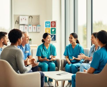 Diverse patients and caregivers in a bright clinic lounge gathered in a supportive conversation circle, suggesting shared advocacy and community support for immunodeficiency.
