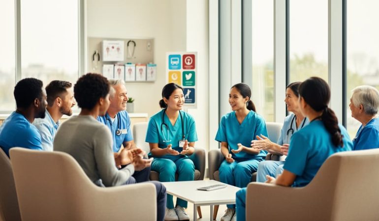 Diverse patients and caregivers in a bright clinic lounge gathered in a supportive conversation circle, suggesting shared advocacy and community support for immunodeficiency.