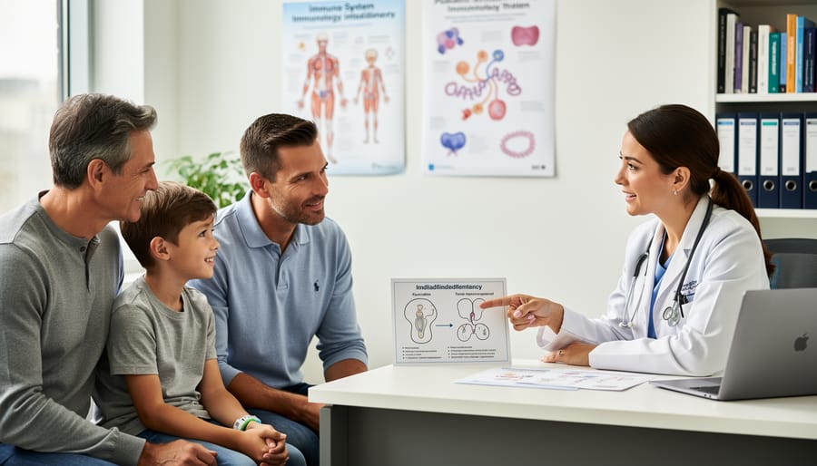 Patient and family member in a clinic consultation room having a supportive conversation with a folder in hand