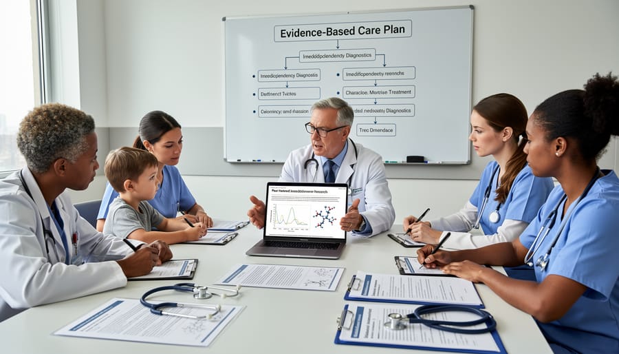 Healthcare team reviewing research materials at a table in a hospital setting