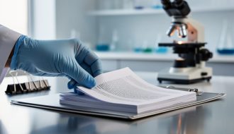 Close-up of a healthcare professional’s gloved hand placing medical journal pages on a lab desk next to out-of-focus laboratory equipment.