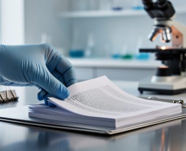 Close-up of a healthcare professional’s gloved hand placing medical journal pages on a lab desk next to out-of-focus laboratory equipment.