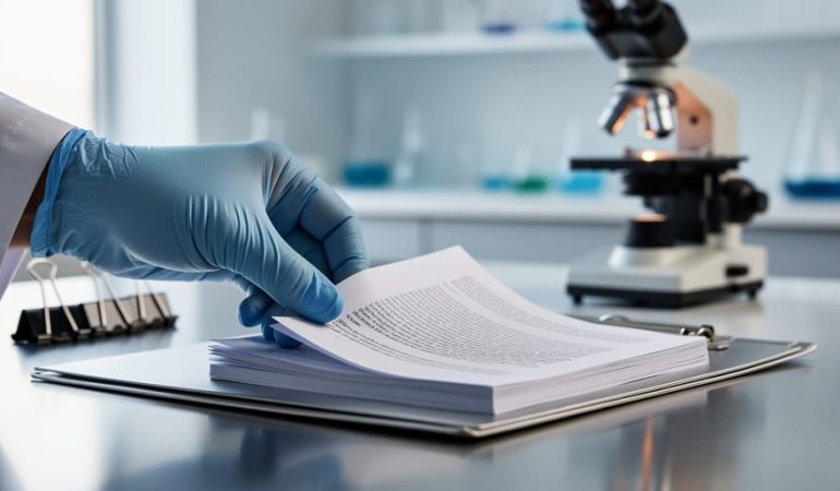 Close-up of a healthcare professional’s gloved hand placing medical journal pages on a lab desk next to out-of-focus laboratory equipment.