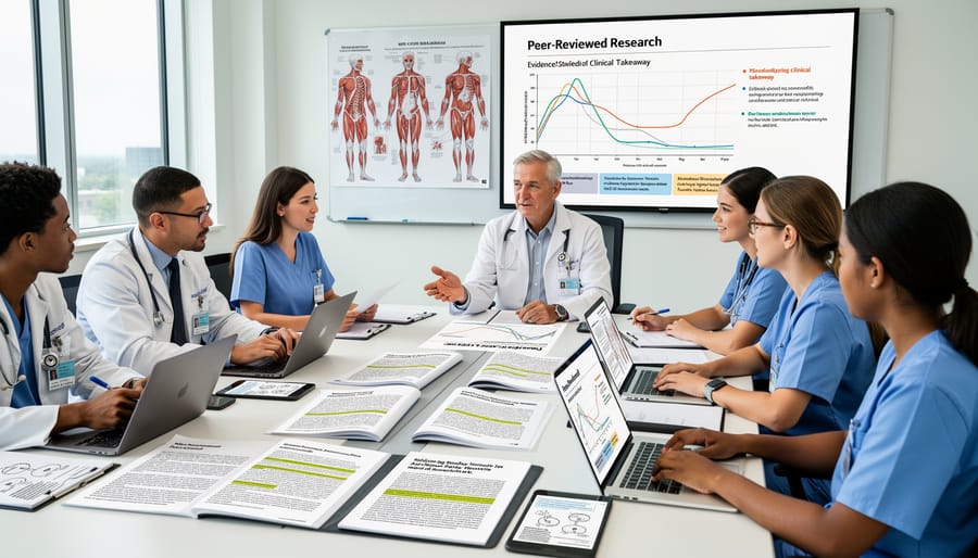 Open medical journal book on a desk with stethoscope and reading glasses
